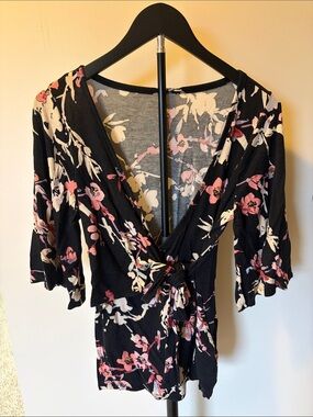 a:glow Black Top with Pink and Cream Floral Accents